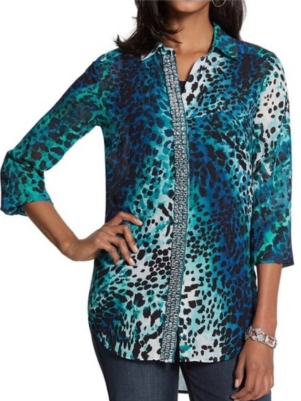 Chico's Teal & Black Leopard Print Button Front Shirt